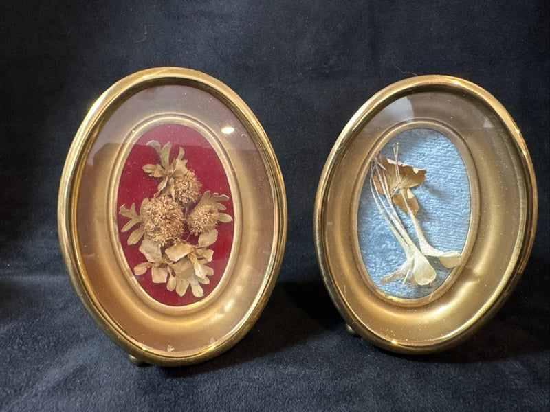 Small oval glass shadowbox with gold frame, dried floral arrangement and leaves