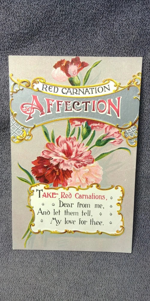 Antique postcard with red carnation flowers, ornate gold frame, Red Carnation text