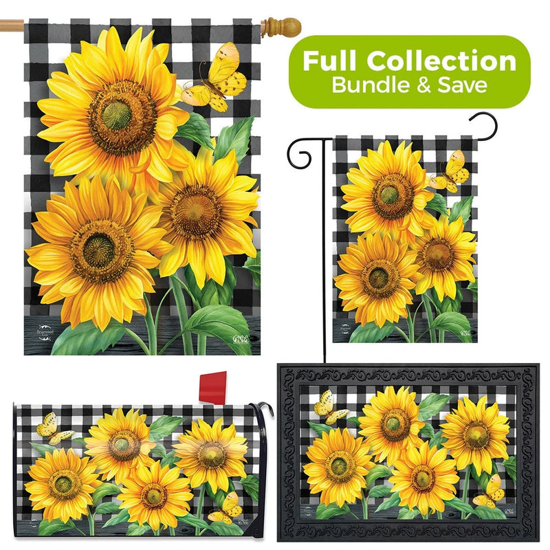 Checkered sunflower summer design with yellow sunflowers and butterflies, decorative panel