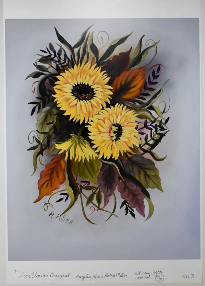 Signed numbered sunflower bouquet art print with three yellow flowers and dark leaves, No. 3