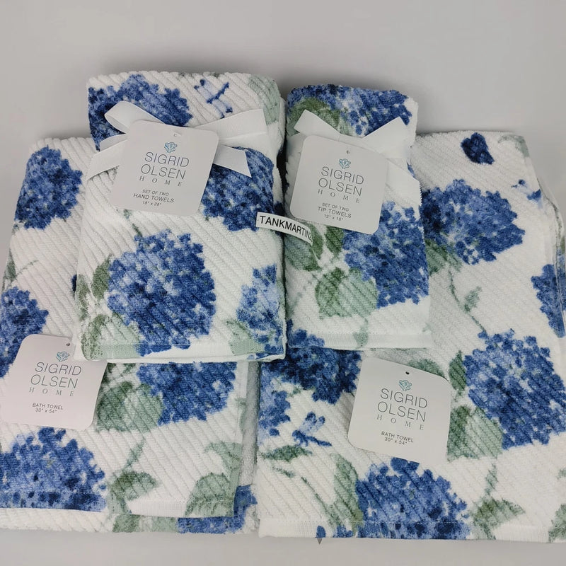 6pc 2 Bath & 2 Hand Towels & 2 Finger Tip Flowers Blue Hydrangeas Floral Flowers Hydrangea