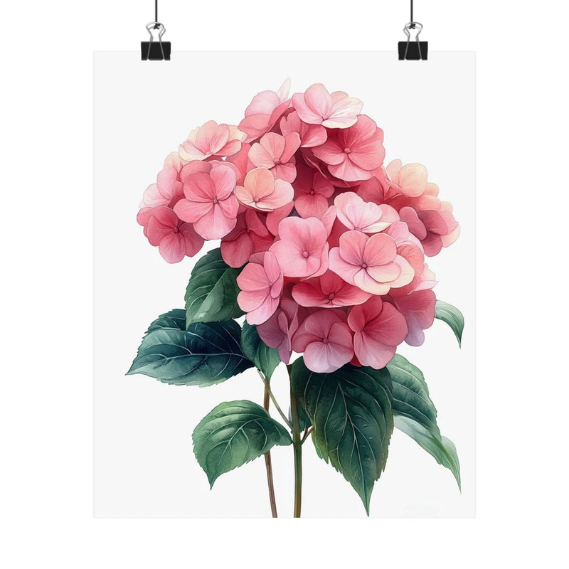 Minimalist hydrangea flower art print poster with pink blooms and green leaves.