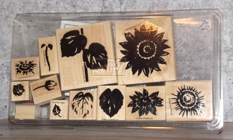 Sunflower stamp set in clear case with multiple black floral and sun motifs