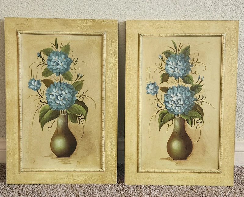 Set Of 2 Blue Hydrangea Floral Paintings Vintage Wall Decor  18x12 Hydrangea