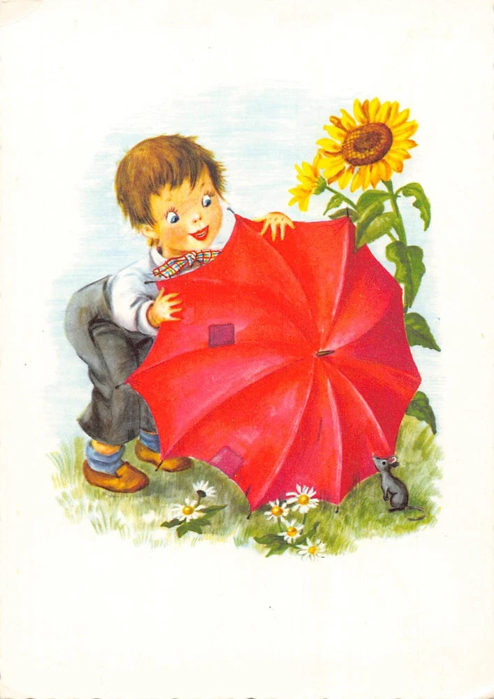 Children's postcard illustration of a boy holding a red umbrella with sunflowers and a mouse