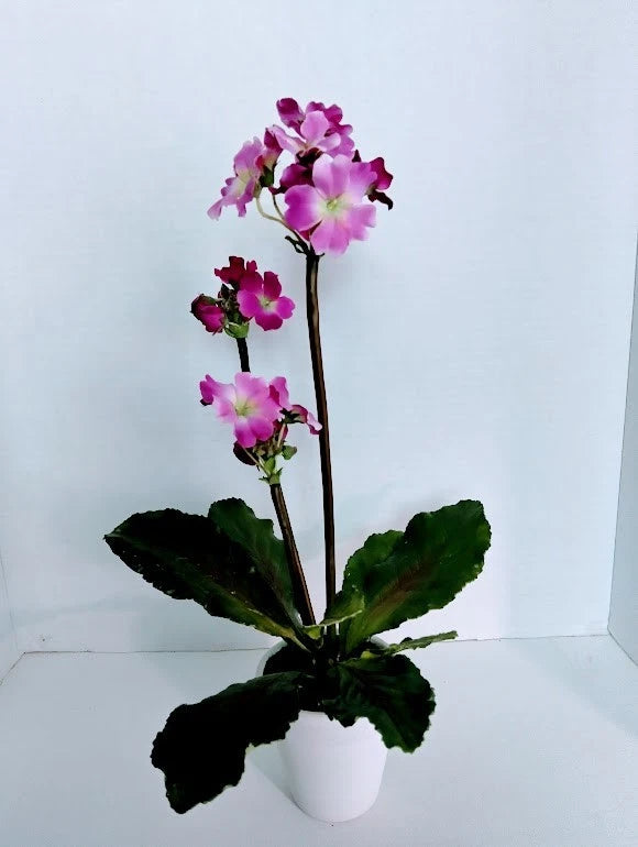 Artificial mini wild geranium silk flower arrangement in white pot, pink-purple blooms
