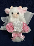 Handmade Ribbon Bouquet pink Roses w/ cute cow stuffed animal Bouquet
