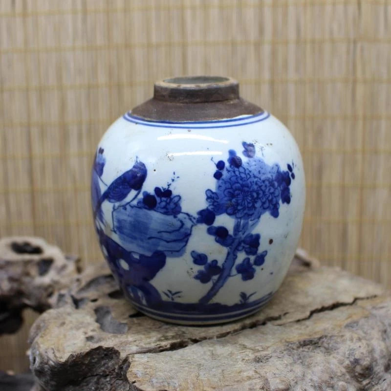 Antique blue-and-white porcelain jar with peony flower and branch pattern, dark rim
