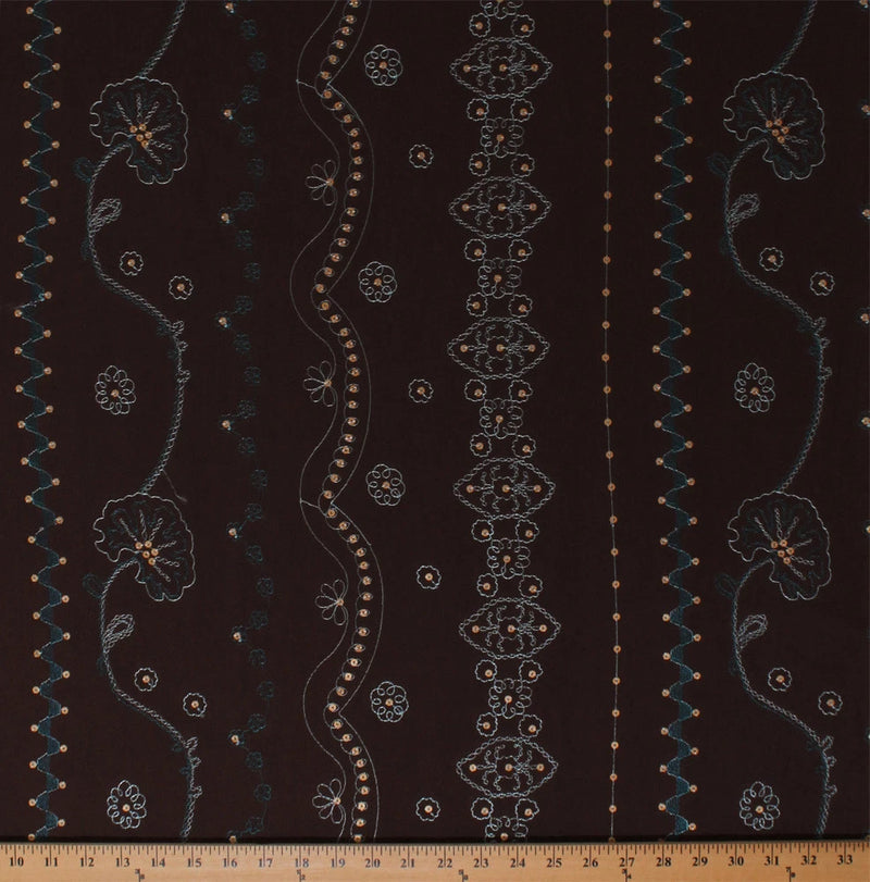 Embroidered Floral Vines Sequins Dark Chocolate Brown Fabric by Yard (D245.04) Flowering Plants