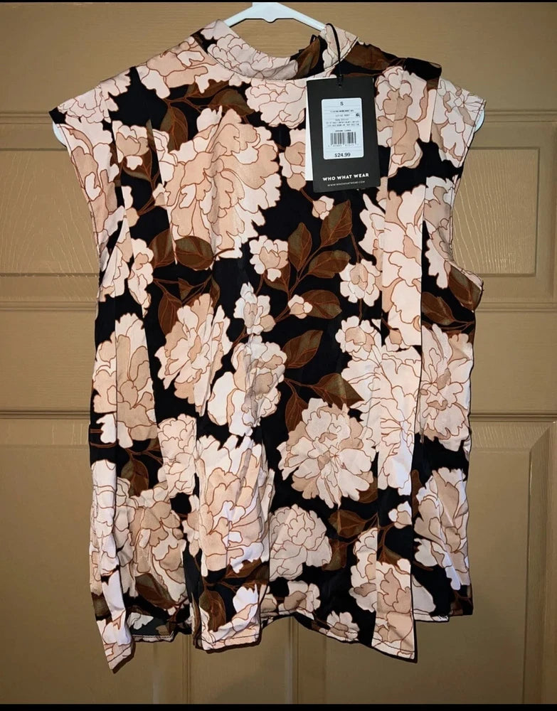 Floral cap-sleeve high-neck blouse, black with pink peach flower print