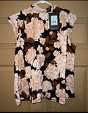 Floating Mums Floral Pink Peach Flowers Silky Cap Sleeve High Neck Blouse Top XL Roses