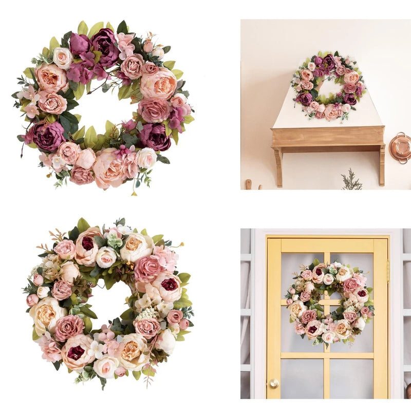 Artificial peony flower wreath with pink and peach blooms and green leaves