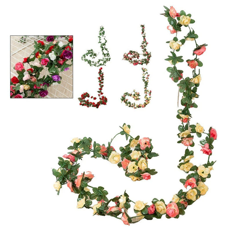 Artificial rose flower vine with multicolor blossoms and green leaves, 45-piece set