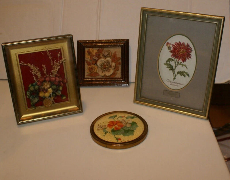 Vintage dried flower wall art, gold-tone framed floral needlework and oval centerpiece