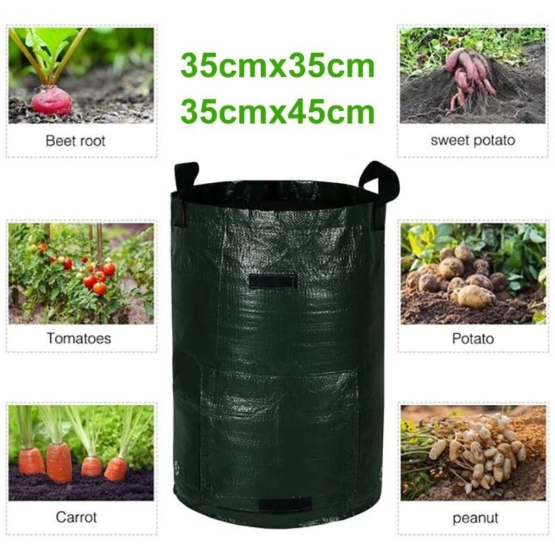 Dark green fabric grow bag with handles, round planting container for root crops