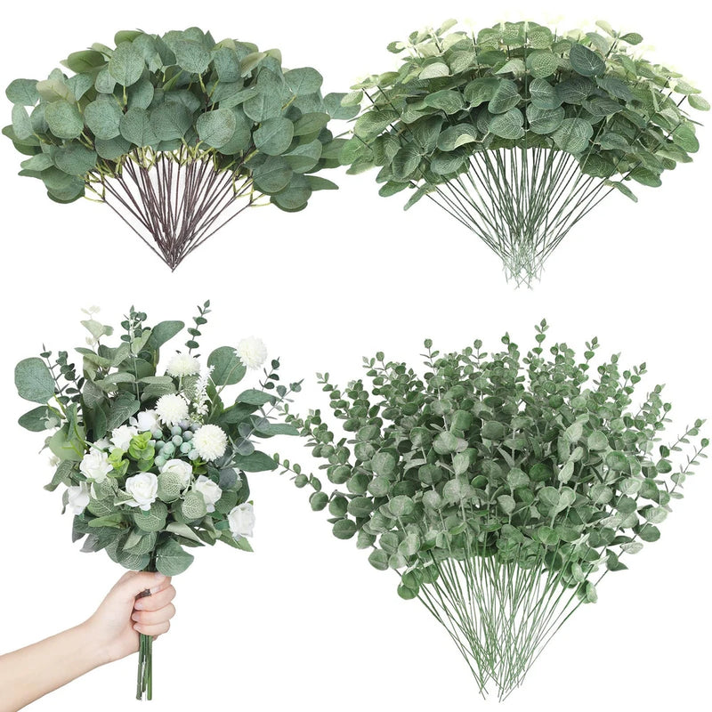 180 Pcs 3 Kinds Mixed Eucalyptus Leaves Stems Bulk Artificial Silver Dollar L... Green Plant