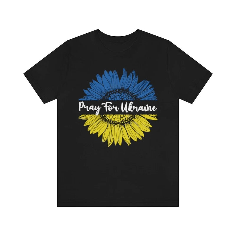 Black graphic T-shirt with blue and yellow sunflower and 'Pray For Ukraine' text
