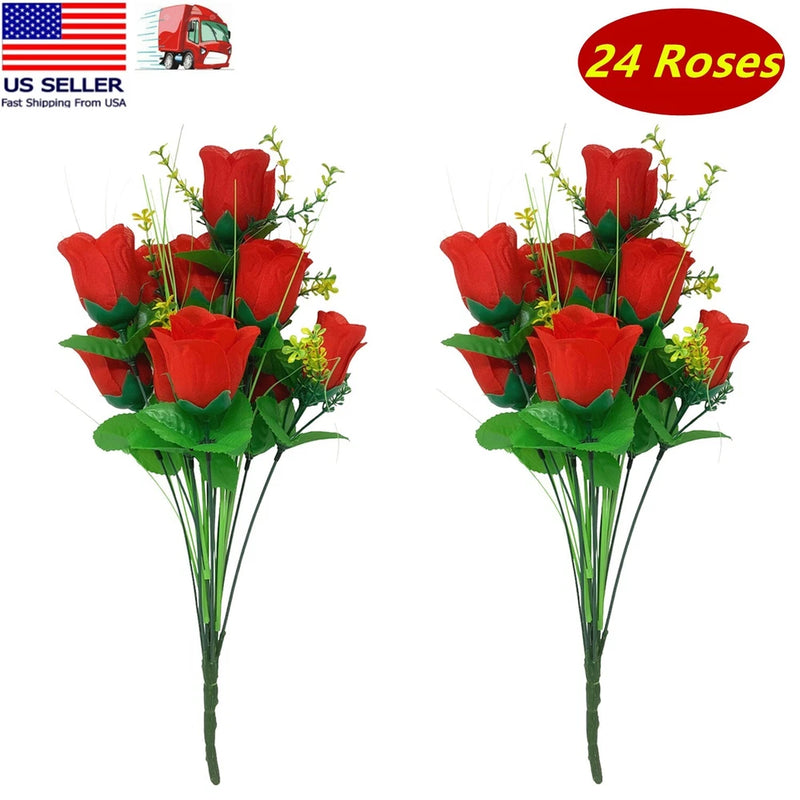 Artificial red rose bud bouquet with green leaves, 24 stems