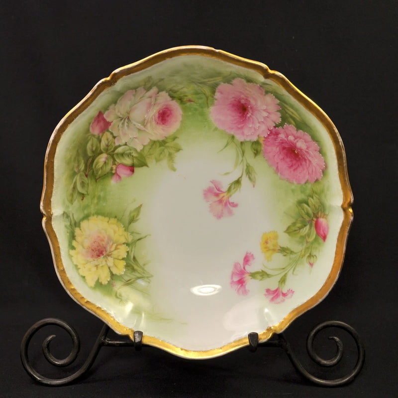 Tirschenreuth Bowl 9 3/8" Painted Roses & Carnations w/Gold 1903-1927 Decorative Carnation