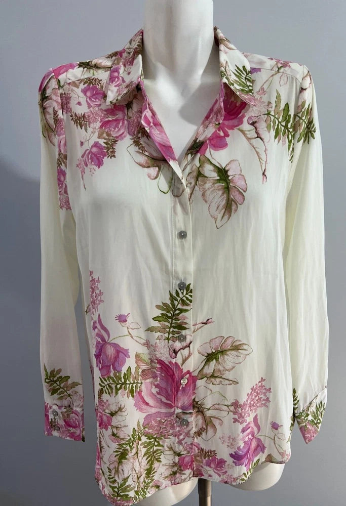 Women's cream floral button-down blouse, long sleeves, collar with pink rose print.