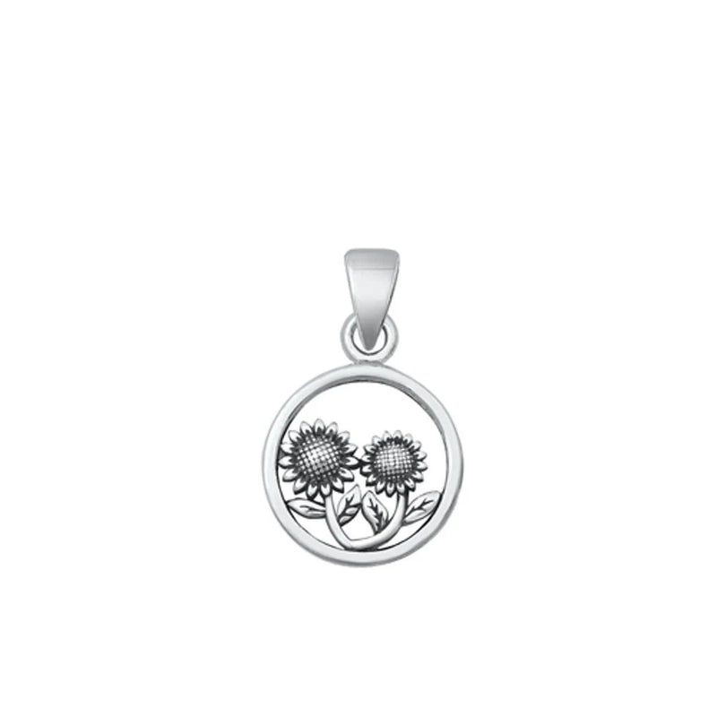 Sterling silver sunflower oxidized pendant with high-polish round frame and bail
