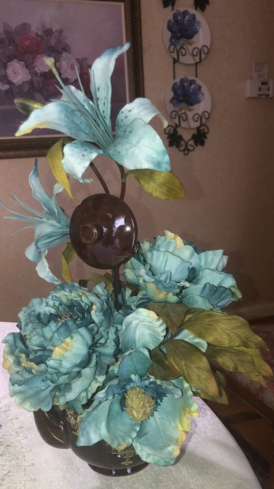 Handcrafted Floral Arrangement in Vintage Japan Teapot Aqua Blue Silk Flowers Peony