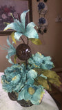 Handcrafted Floral Arrangement in Vintage Japan Teapot Aqua Blue Silk Flowers Peony