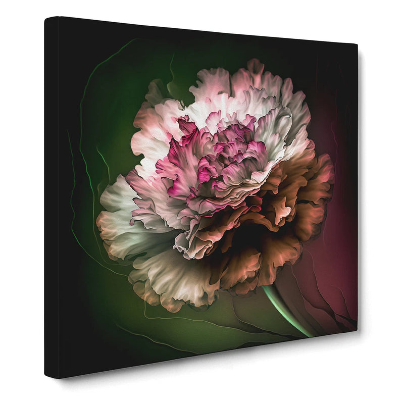 Framed canvas wall art print with abstract pink carnation flower centerpiece