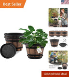 3 Pack of 10-Inch Whiskey Barrel Plant Pots with Drainage Holes for Gardening Garden Plants