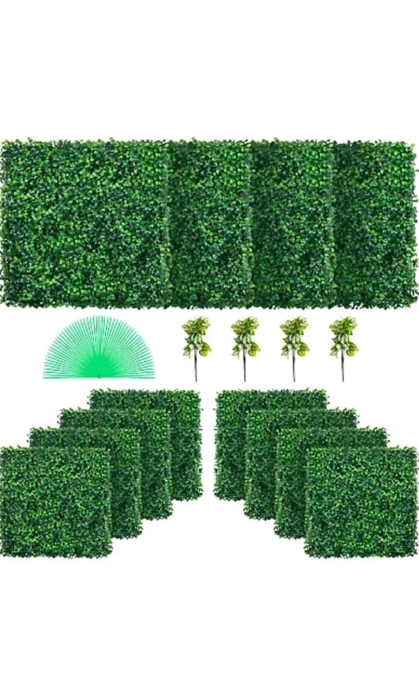 Green artificial boxwood hedge wall panels, rectangular dense-leaf pieces (12-pack)