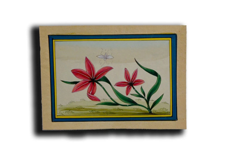 Handmade miniature flower painting with red lily blossoms, green leaves, and blue border