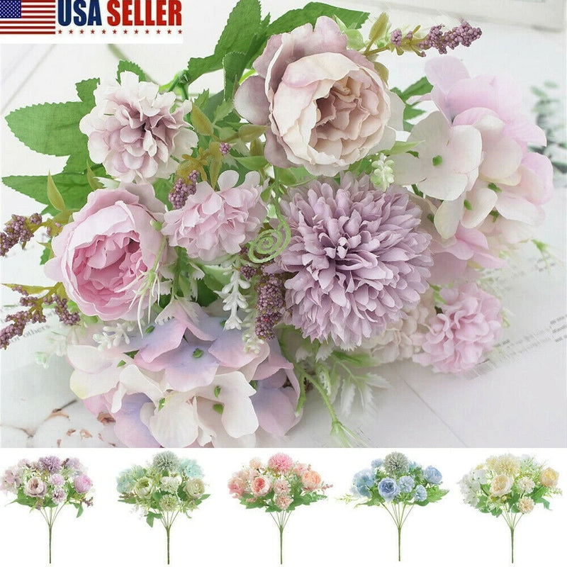 Artificial fake peony and daisy-style bouquet with pink, lavender and white blooms, green leaves