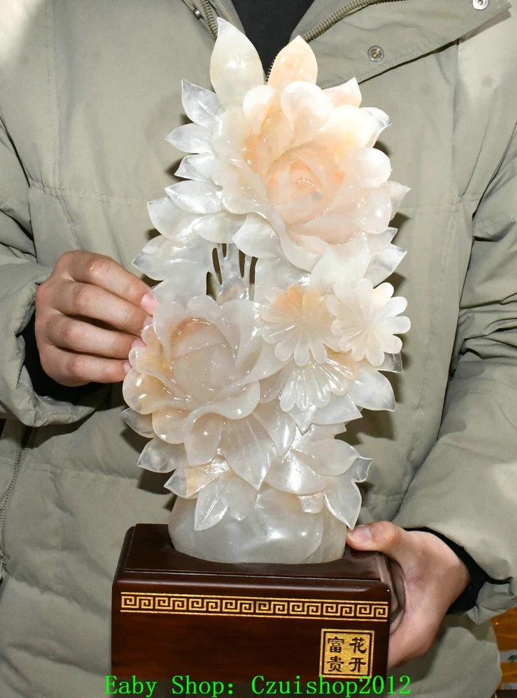 Natural white jade-look peony flower carving statue with layered blossoms on base