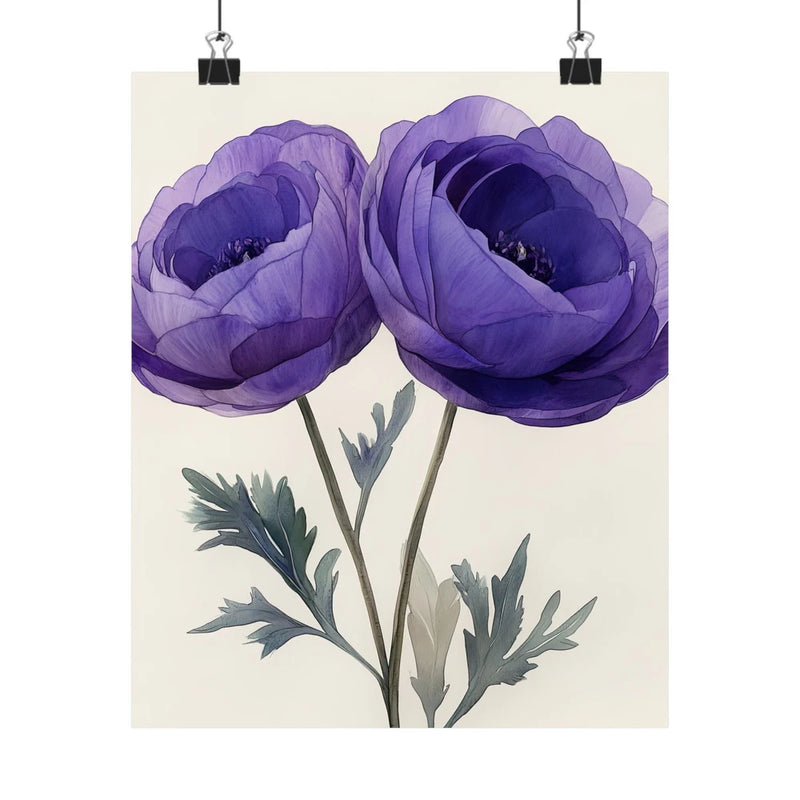 Boho Purple Ranunculus Flower Art Print Poster, Minimalist Floral Wall Art 3 Ranunculus