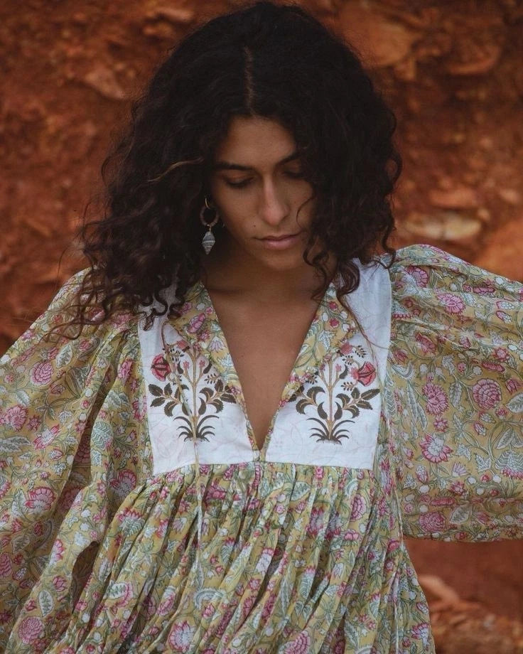 Green floral cotton mini dress with white embroidered V-neck and puff sleeves