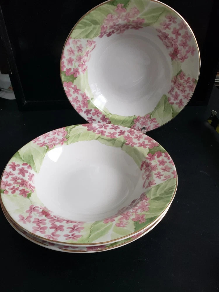 VINTAGE AMERICAN ATELIER PINK HYDRANGEA 3 SOUP PLATE Ê9 1/4" WITH GOLD TRIM Hydrangea