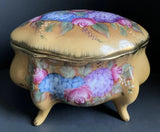 Footed Porcelain Trinket Box Roses Hydrangeas Gold Trim Removable Lid c1995 Hydrangea
