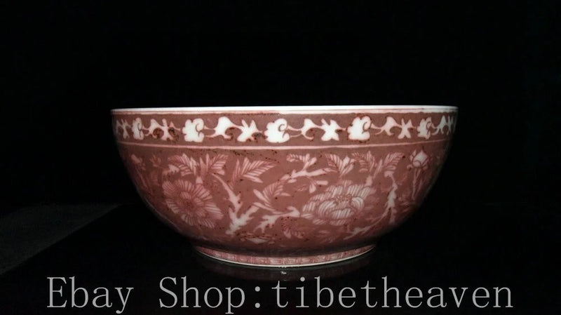 Red porcelain bowl with white peony floral pattern