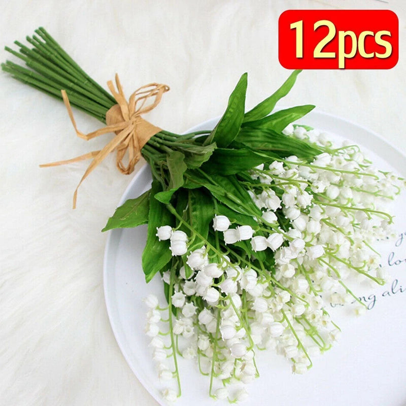 Artificial lily of the valley bundle with ivory white blooms and green leaves