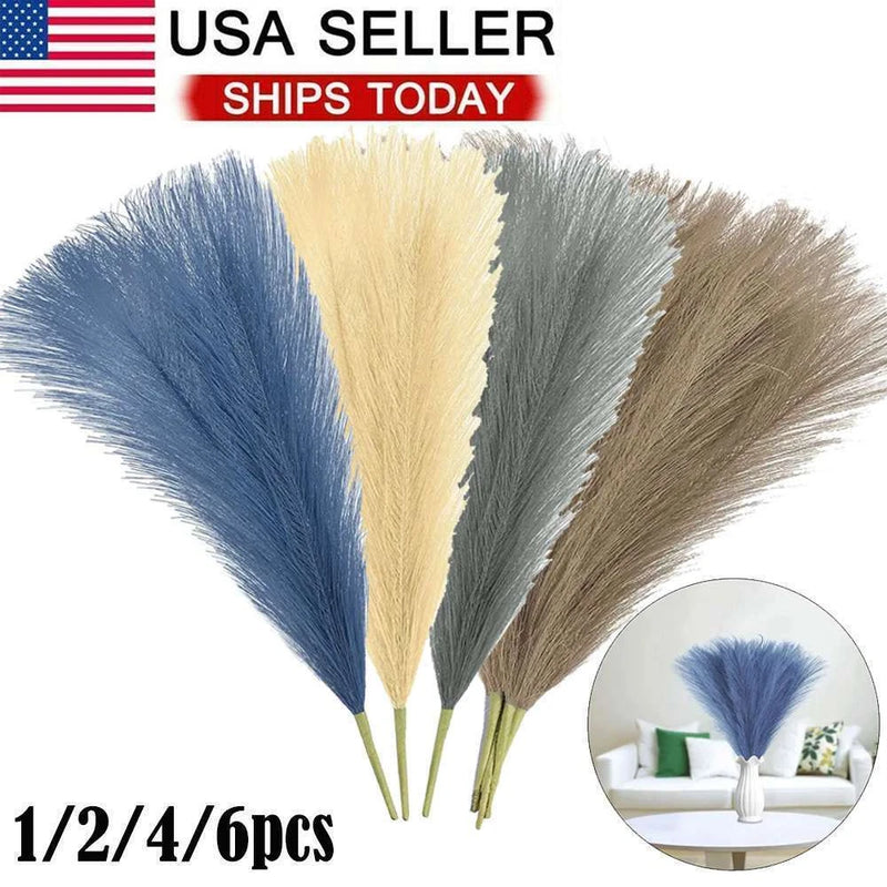 Pampas grass flower bunch with blue, beige, gray, and tan feathery plumes