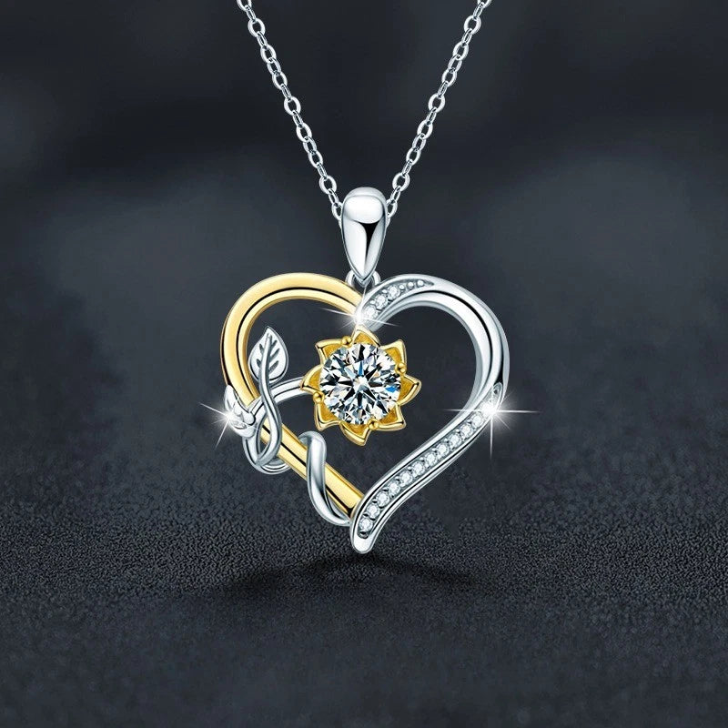 925 silver sunflower heart pendant necklace with round sparkle center and link chain