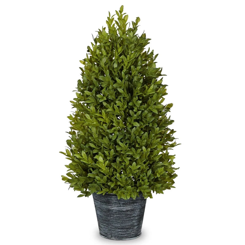 Artificial boxwood cone topiary in dark gray textured pot, small faux potted plant
