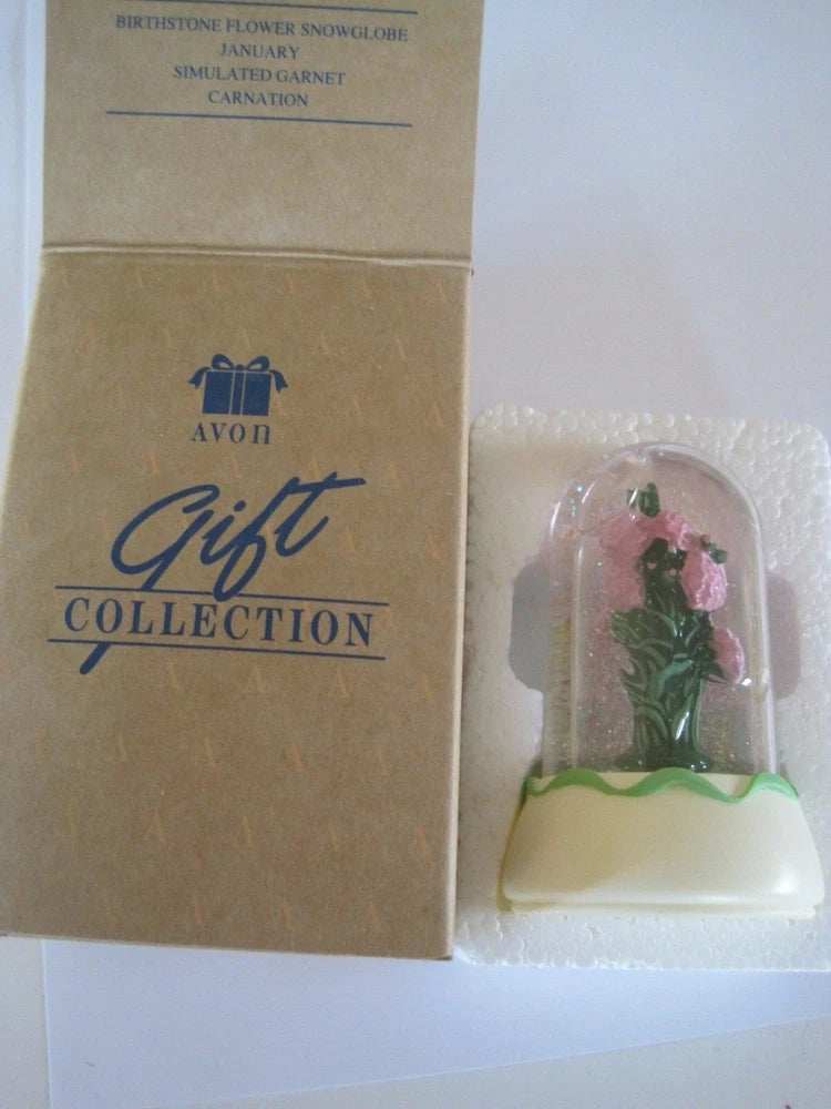 January garnet flower snowglobe with carnation scene, shown in gift box