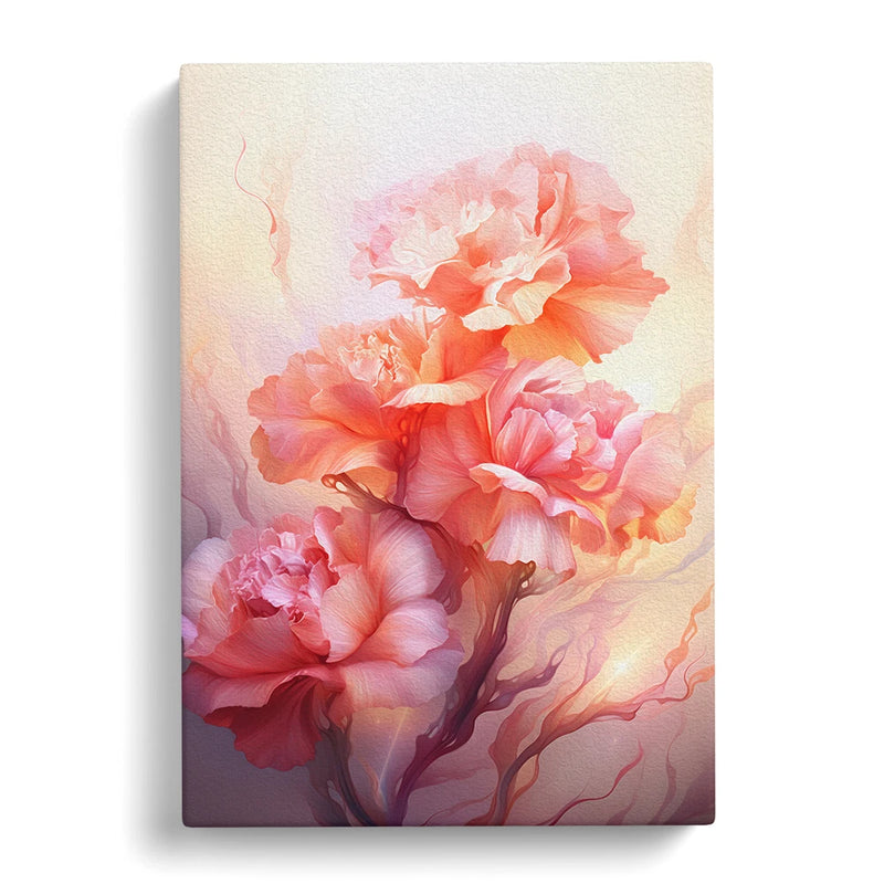 Canvas wall art print with pink and coral carnations on abstract futurist background