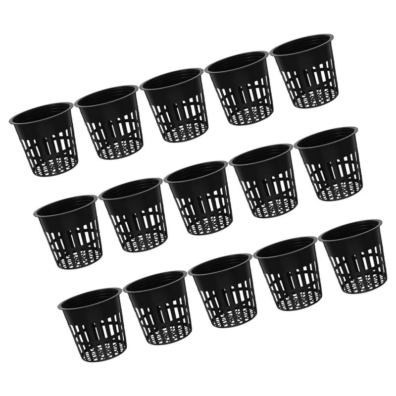 Set of 15 black slotted net grow pots with open top for hydroponics