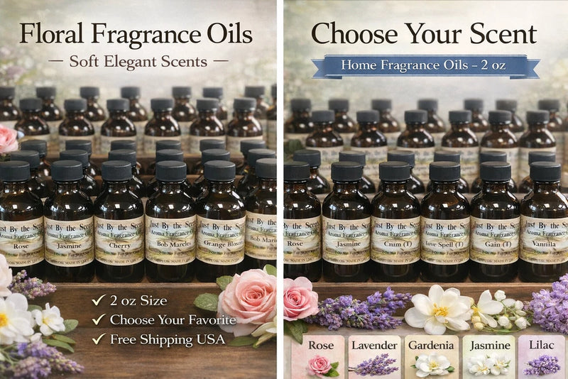 2 oz floral fragrance oil bottles, amber glass with labeled caps, assorted scents