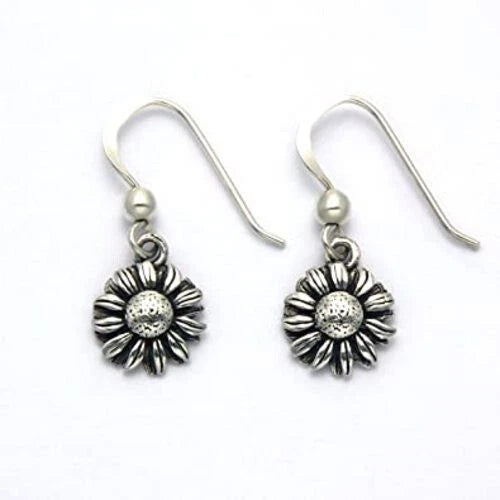 Sterling silver sunflower wire hook earrings with dangling flower charms