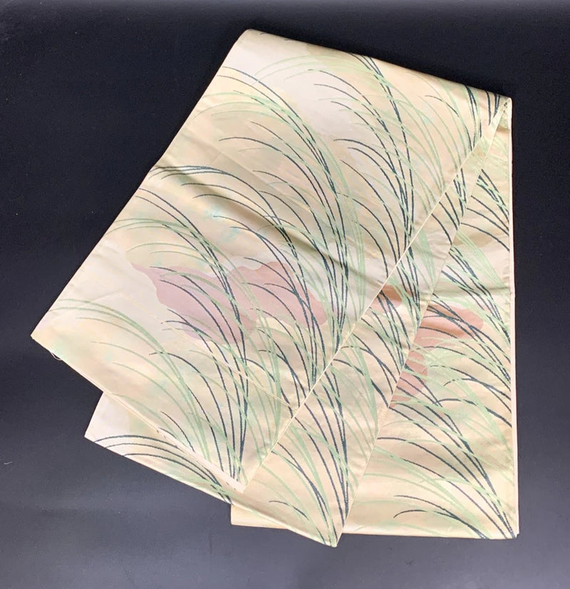 Japanese Kimono Belt Fukuro Obi Pampas Grass Design Cream Beige Green Vintage Pampas Grass