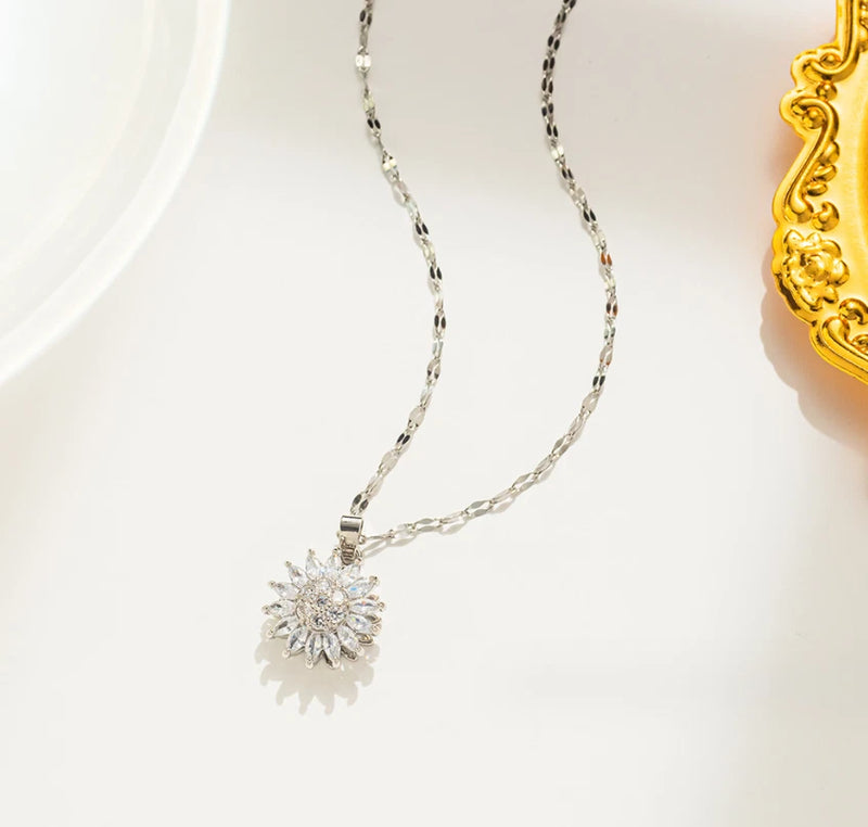 Silver Titanium Flower Spin Sunflower Daisy Pave CZ Pendant Chain Necklace Sunflower