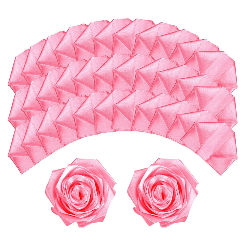 Pink satin ribbon rose petals with two matching rose rosettes